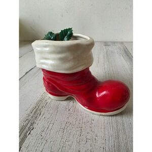 Vintage ceramic Santa boot Xmas figurine statue planter